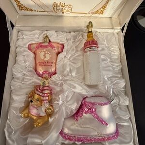 Girls Pink and White Baby’s 1st Christmas Ornament Set